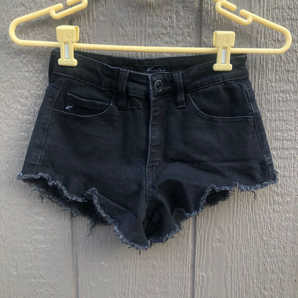 kancan black denim jean shorts stretchy size 1/ 24 raw hem